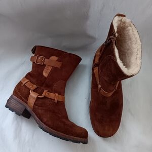 UGG Womens 6 Boots Endell Harness Biker Brown Suede Shearling Lined 5604 Moto